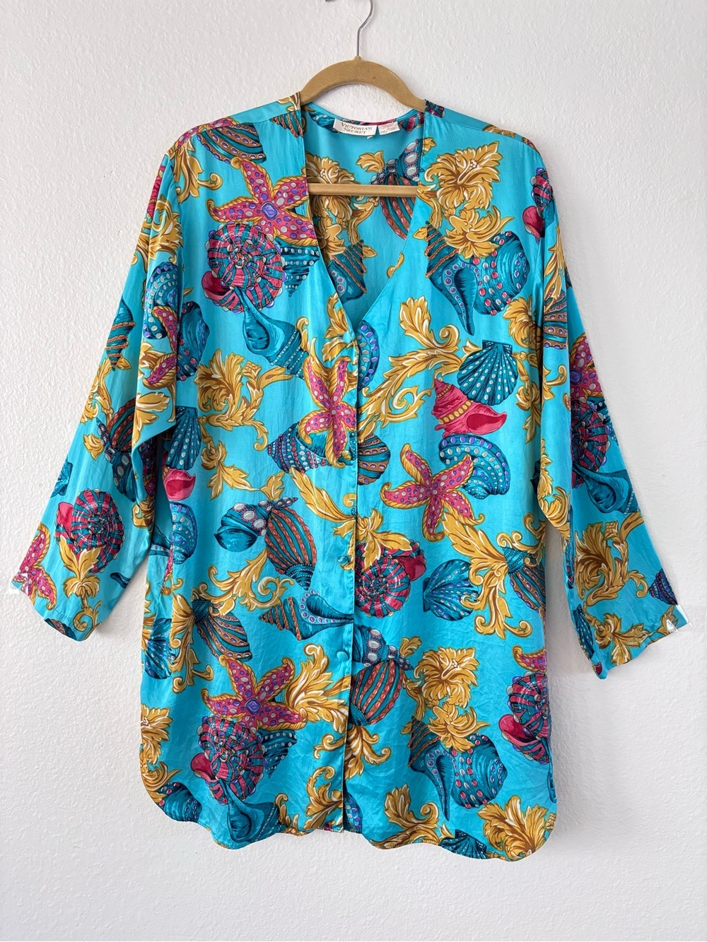 VTG 90s Victoria's Secret Gold Label Silk Seashell Baroque Sleep Shirt Chemise L